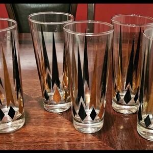 Vintage(1950)MCM Barware Glasses.Black/Gold Dart Arrow .Anchor Hocking.